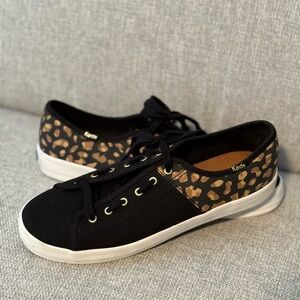 Keds - Women's -  Black and Tan Sneakers with Leopard Print - Size 8.5